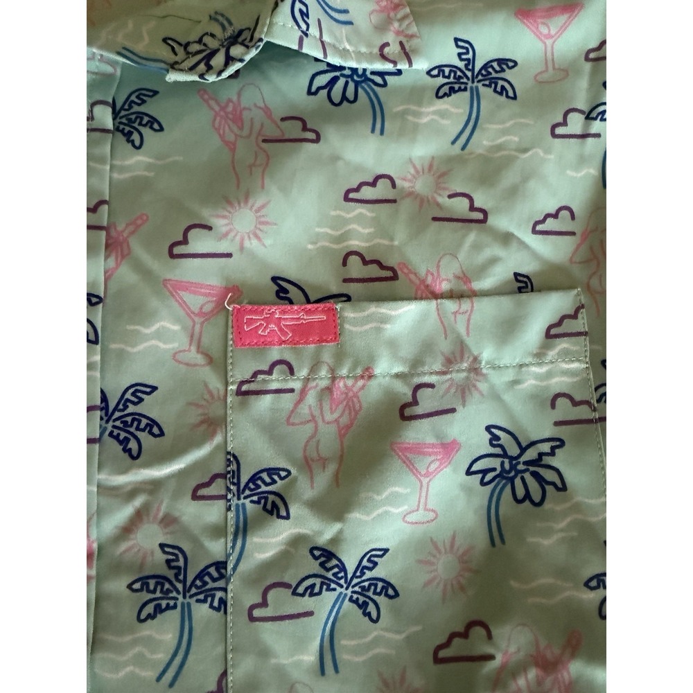 RARE Retro Rifle Live Nudes Shirt Mens M Turquoise Hawaiian Party Vacations - Picture 2 of 4